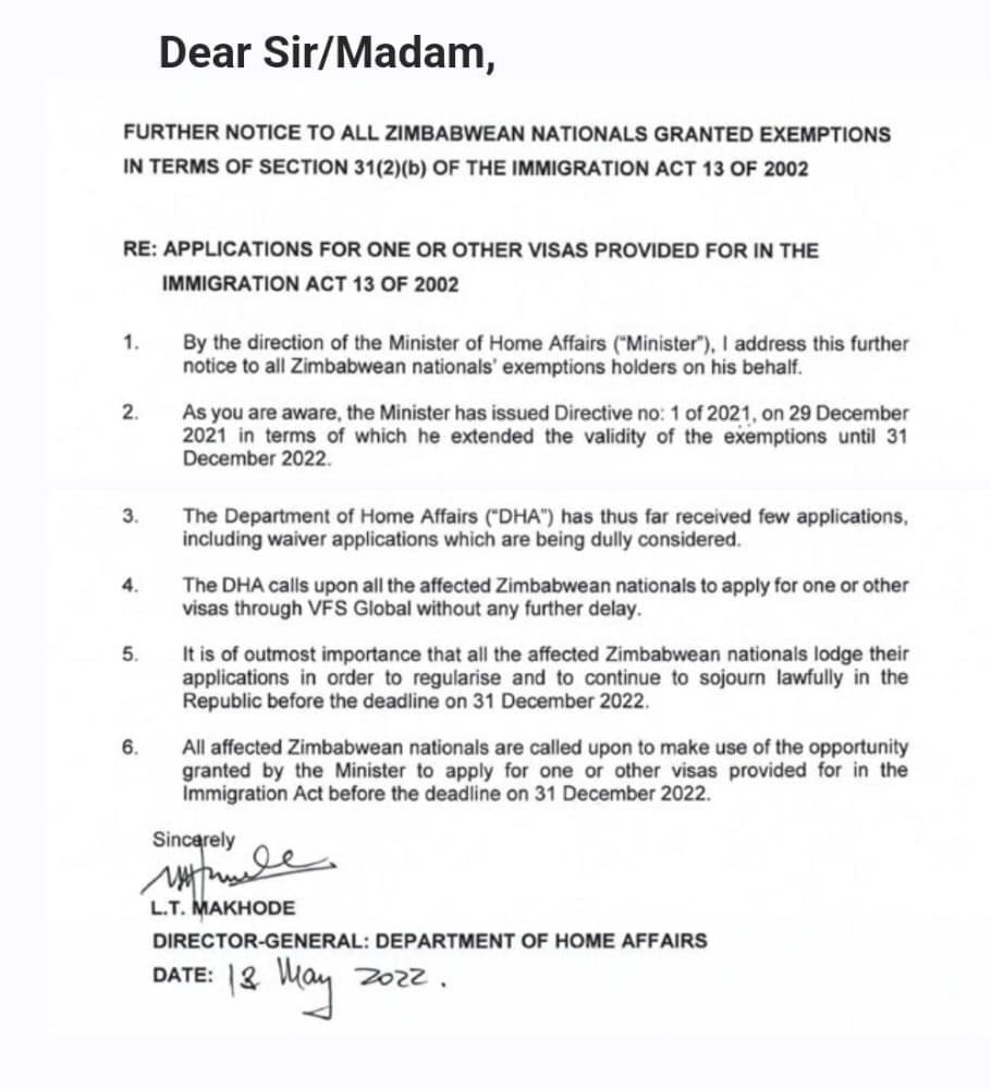 ZEP Permit Holders DG Home Affairs Notice to change to main
